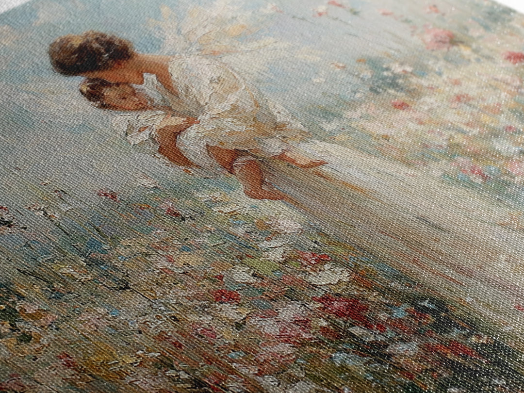 White Angel Holding Child Wall Art, Floral Meadow Canvas, Christian Nursery Decor, Baptism Gift, Guardian Angel Print For Baby Room