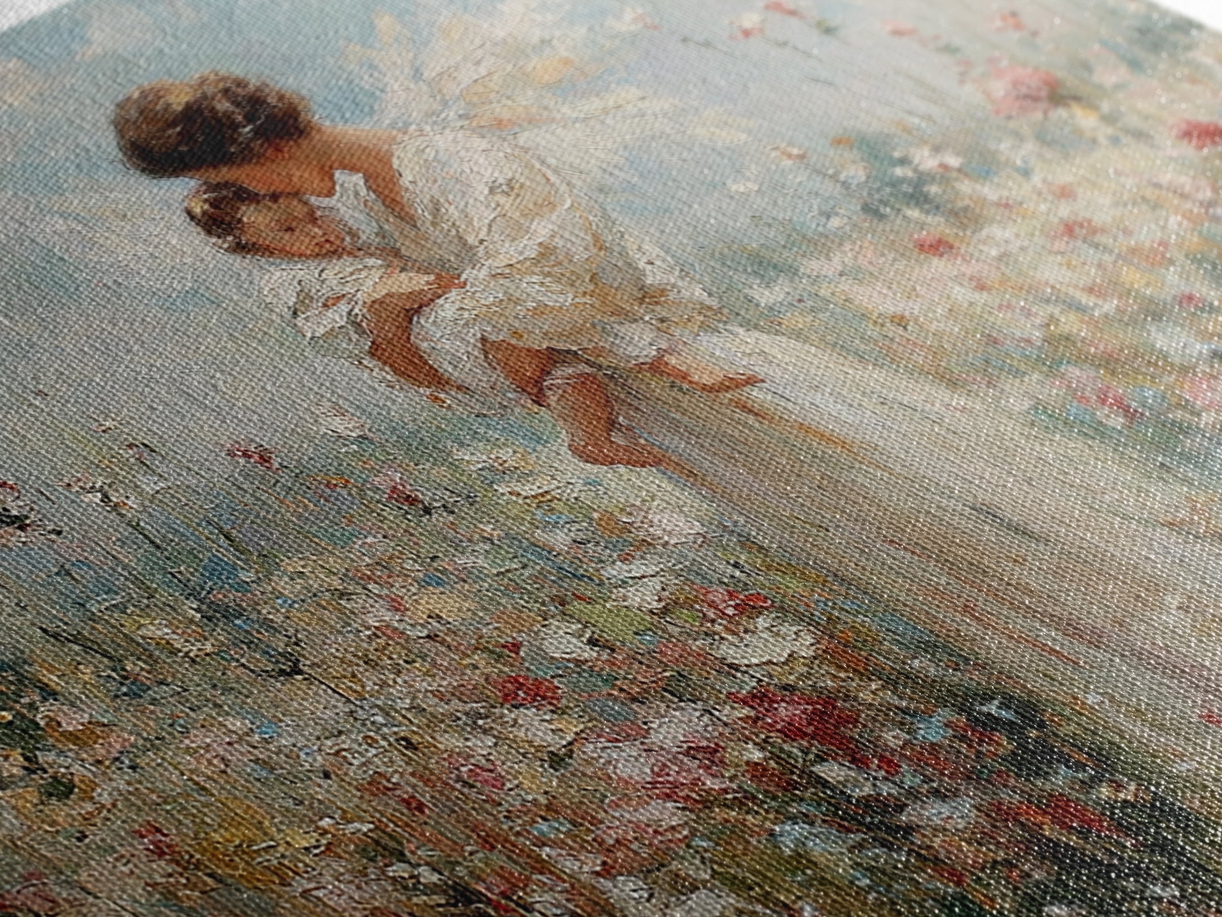White Angel Holding Child Wall Art, Floral Meadow Canvas, Christian Nursery Decor, Baptism Gift, Guardian Angel Print For Baby Room