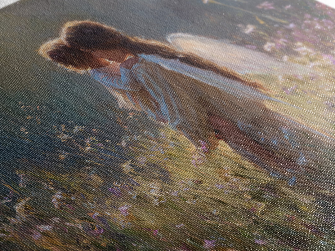 Backlit Angel Mother And Child Wall Art, Moody Wildflower Canvas Print, Christian Nursery Decor, Guardian Angel Gift For Mom