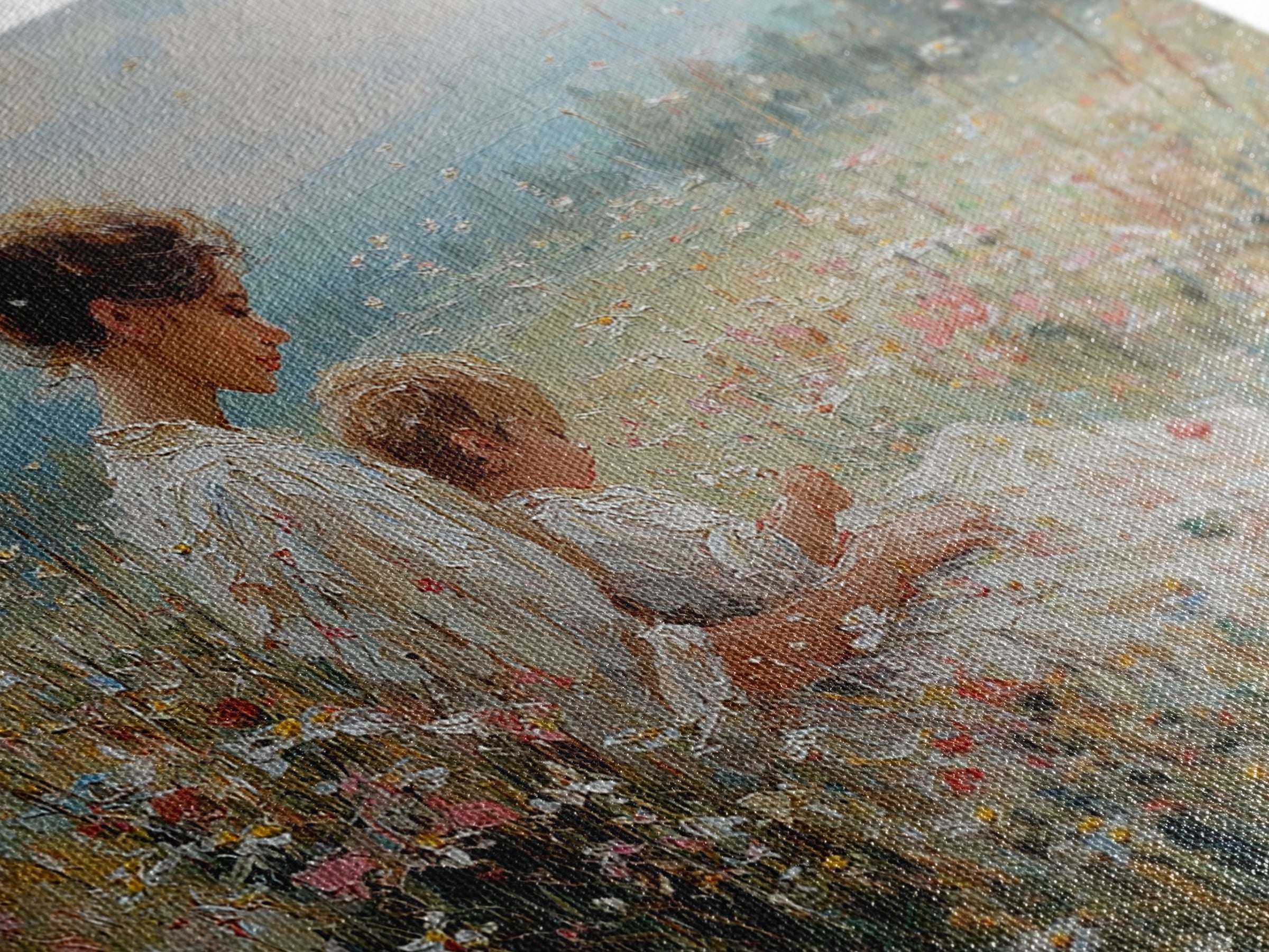 Seated Mother And Child In Sunlit Meadow Wall Art, Impressionist Floral Canvas, Nursery Decor, Housewarming Gift, Living Room Decor