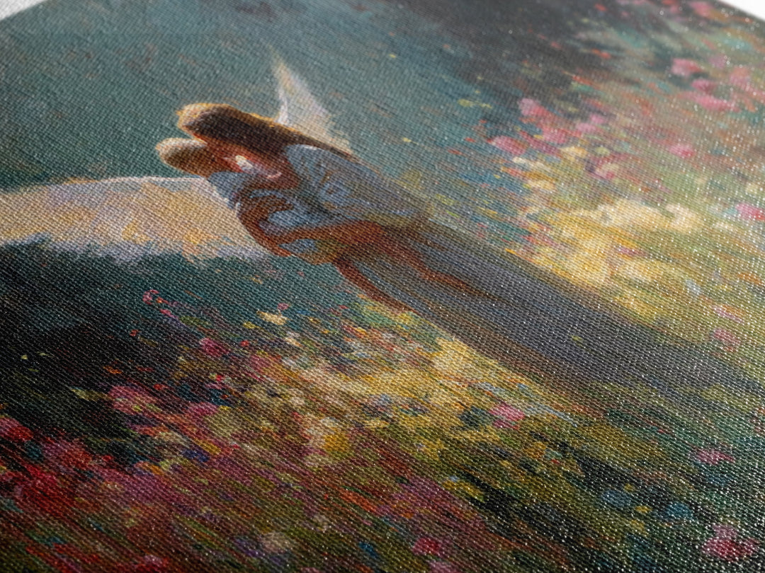 Glowing Guardian Angel And Child Wall Art, Dark Floral Meadow Painting, Christian Nursery Decor, Spiritual Gift For Mom, Home Decor