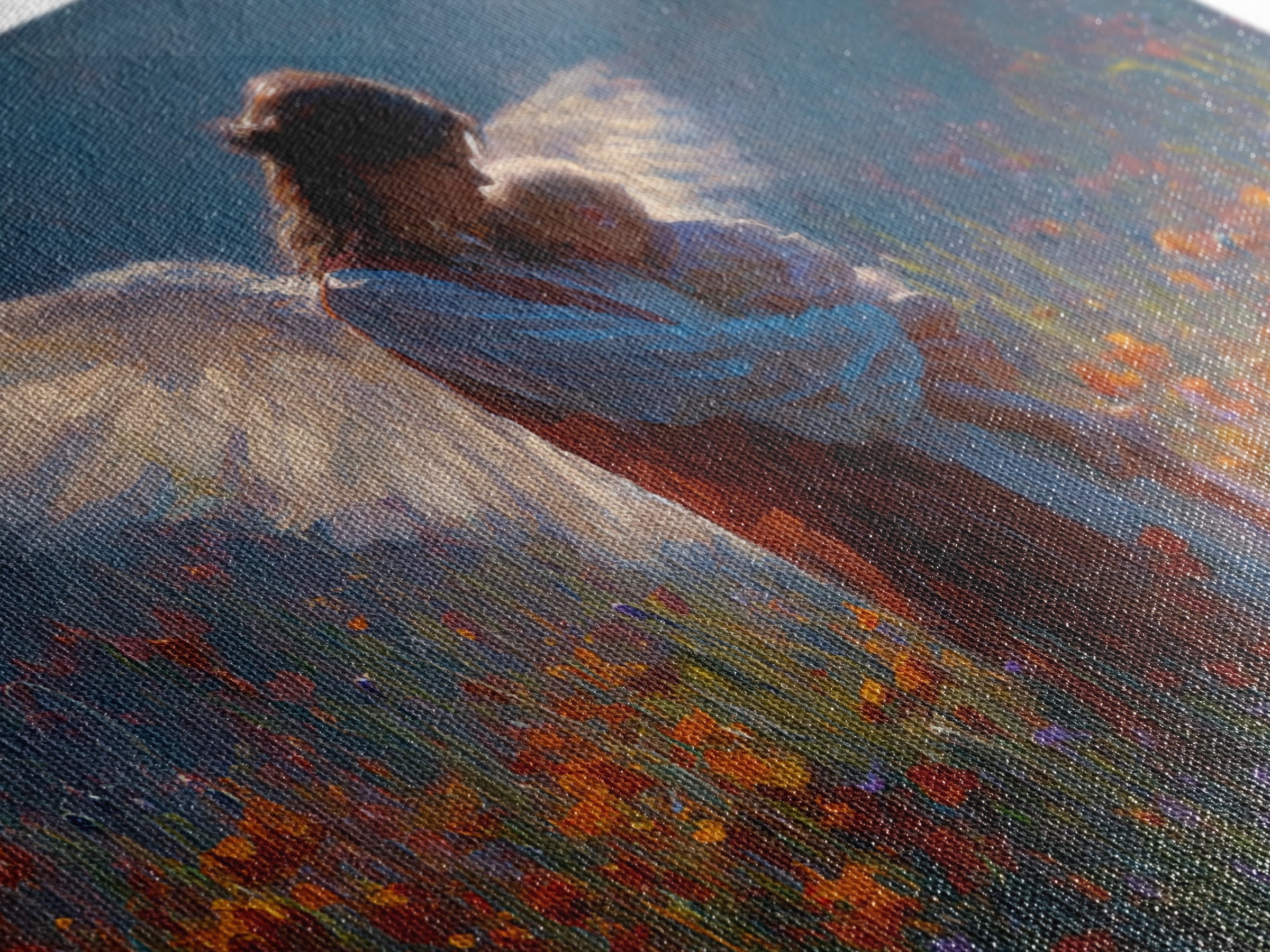 Angel Mother Holding Baby In Poppy Meadow Wall Art, Dark Blue Floral Painting, Christian Nursery Decor, Spiritual Gift For Mom