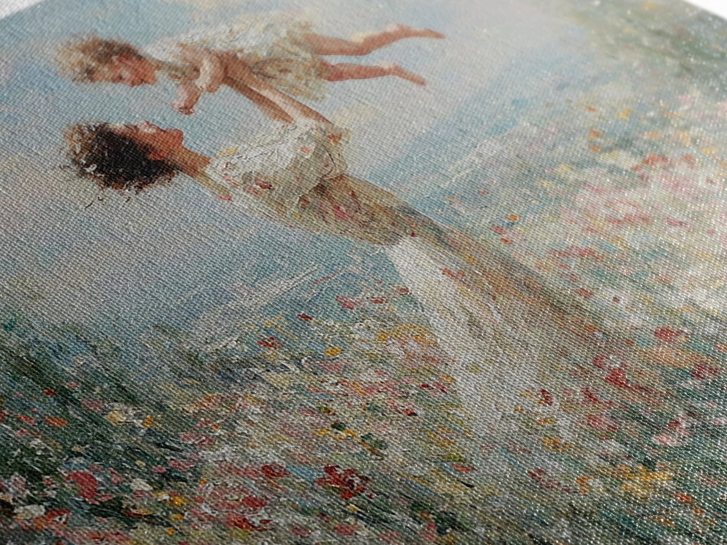 Mother Lifting Baby In Soft Floral Meadow Wall Art, Impressionist Oil Painting, Feminine Nursery Decor, Baby Shower Gift