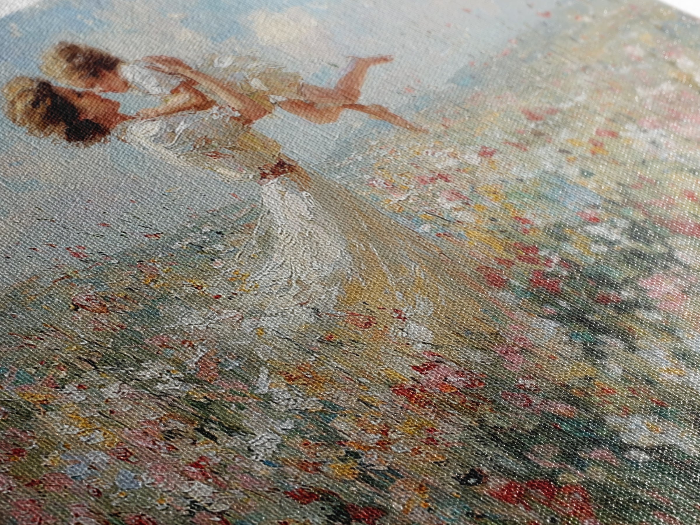 Mother Holding Baby In Breezy White Dress Wall Art, Soft Wildflower Meadow Oil Painting, Feminine Nursery Decor, Gift For Mom