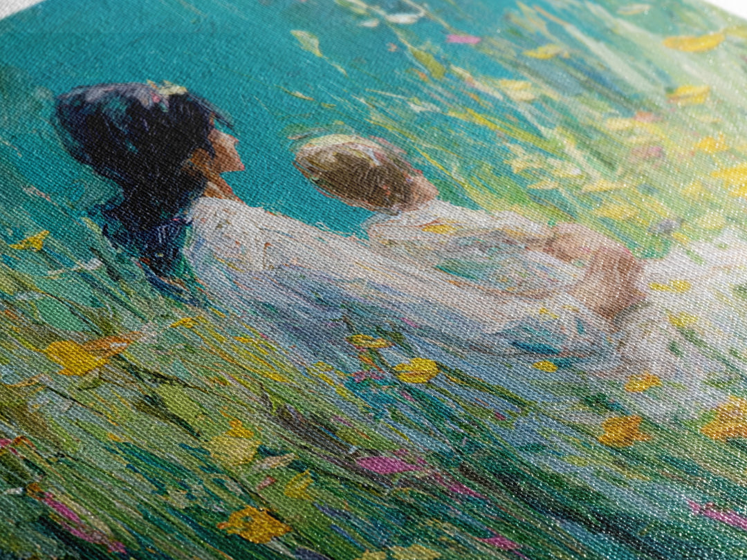 Mother Holding Baby In Teal Wildflower Garden Canvas Print, Impressionist Floral Wall Decor, Nursery Art, Living Room Art, Gift For Mom