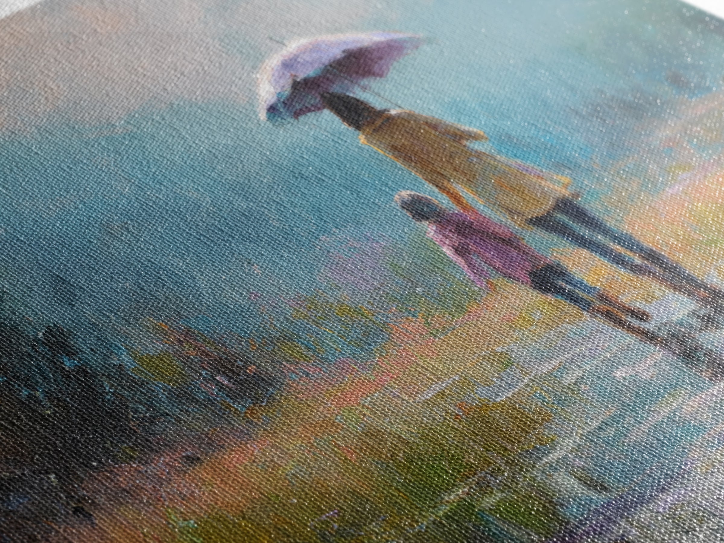 Mother And Child Walking With Umbrella Meadow Wall Art, Misty Mountain Landscape Print, Peaceful Nature Decor, Gift For Mom