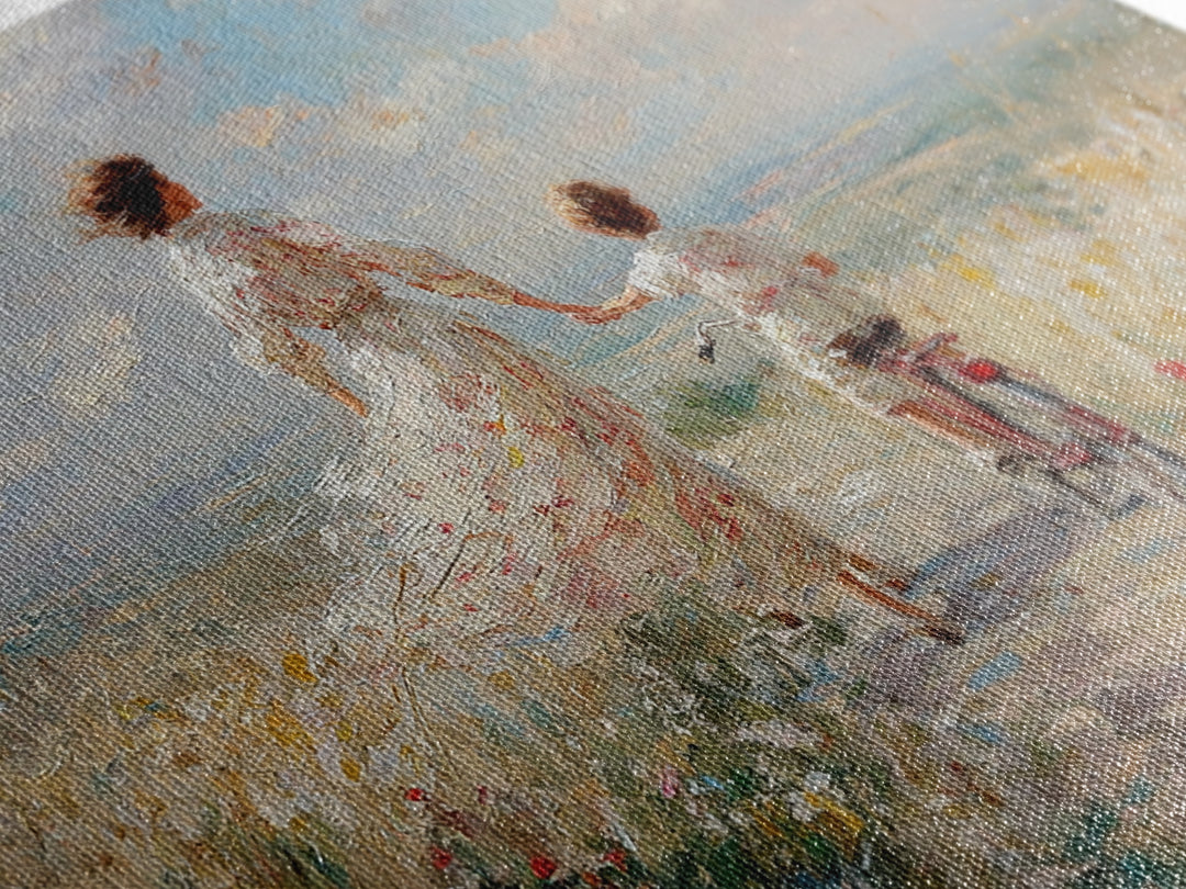 Mother And Child Cycling By Seaside Wildflowers Wall Art, Impressionist Coastal Canvas, Family Gift, Living Room Decor, Housewarming Gift