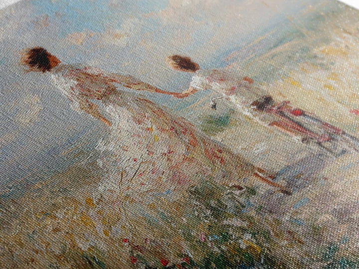 Mother And Child Cycling By Seaside Wildflowers Wall Art, Impressionist Coastal Canvas, Family Gift, Living Room Decor, Housewarming Gift