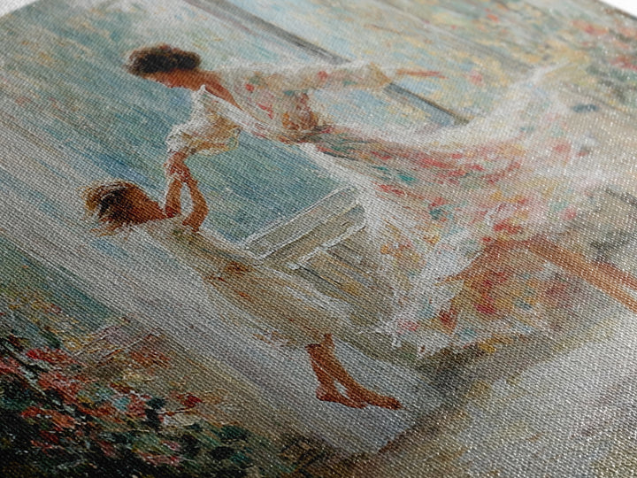 Mother And Daughter Twirling In Sunlit Flower Room Wall Art, Impressionist Family Painting, Feminine Decor, Gift For Mom