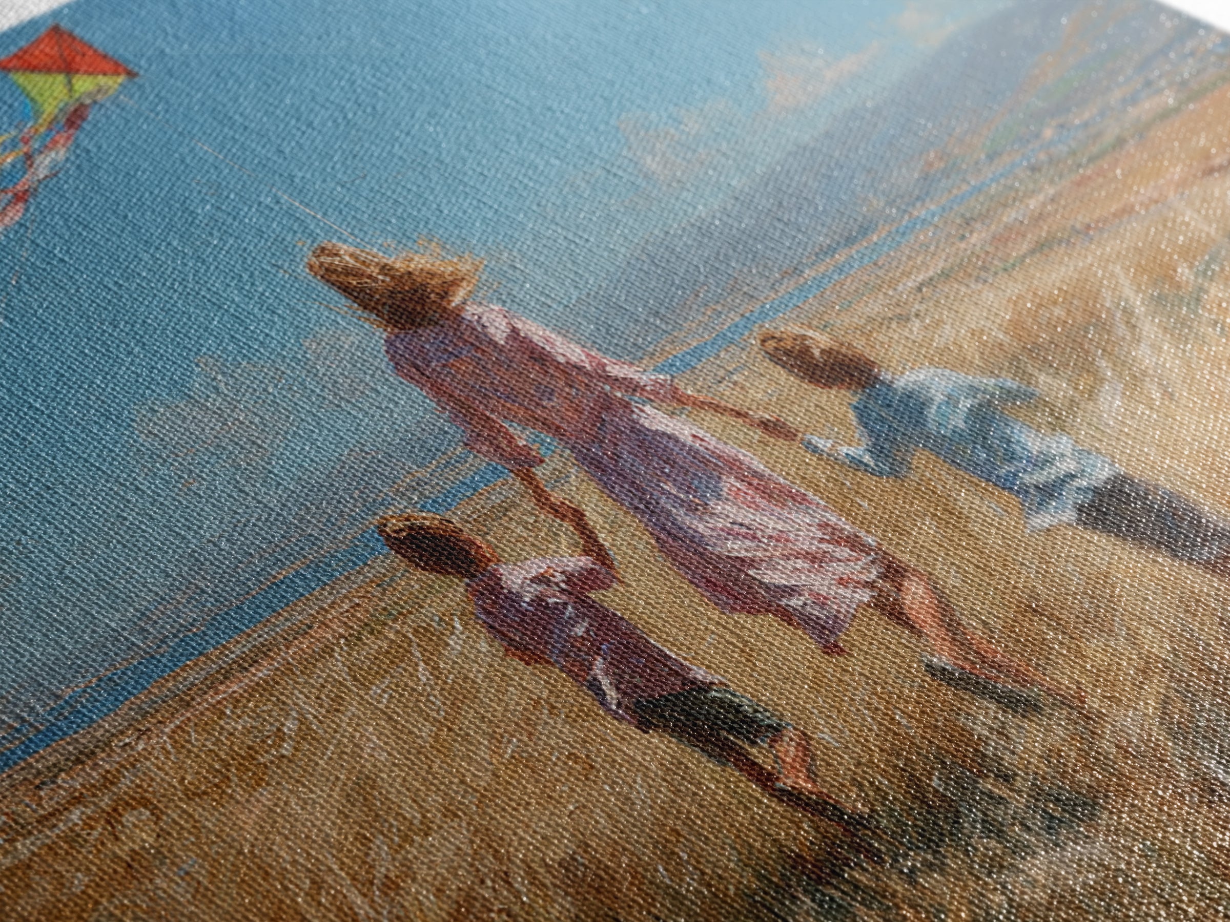 Mother And Children Running With Kite Through Golden Field Canvas Print, Impressionist Landscape, Family Gift, Farmhouse Decor