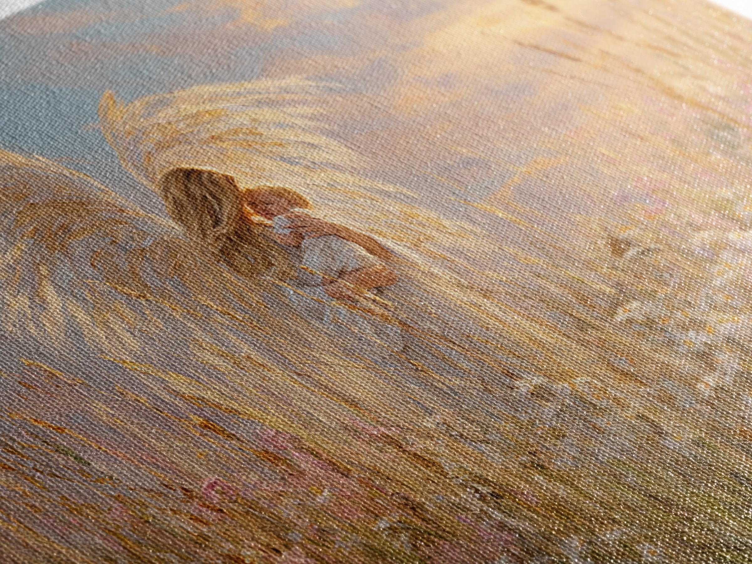 Golden Winged Angel With Baby At Sunset Framed Canvas Print, Christian Wall Art, Nursery Decor, Spiritual Gift For Mother