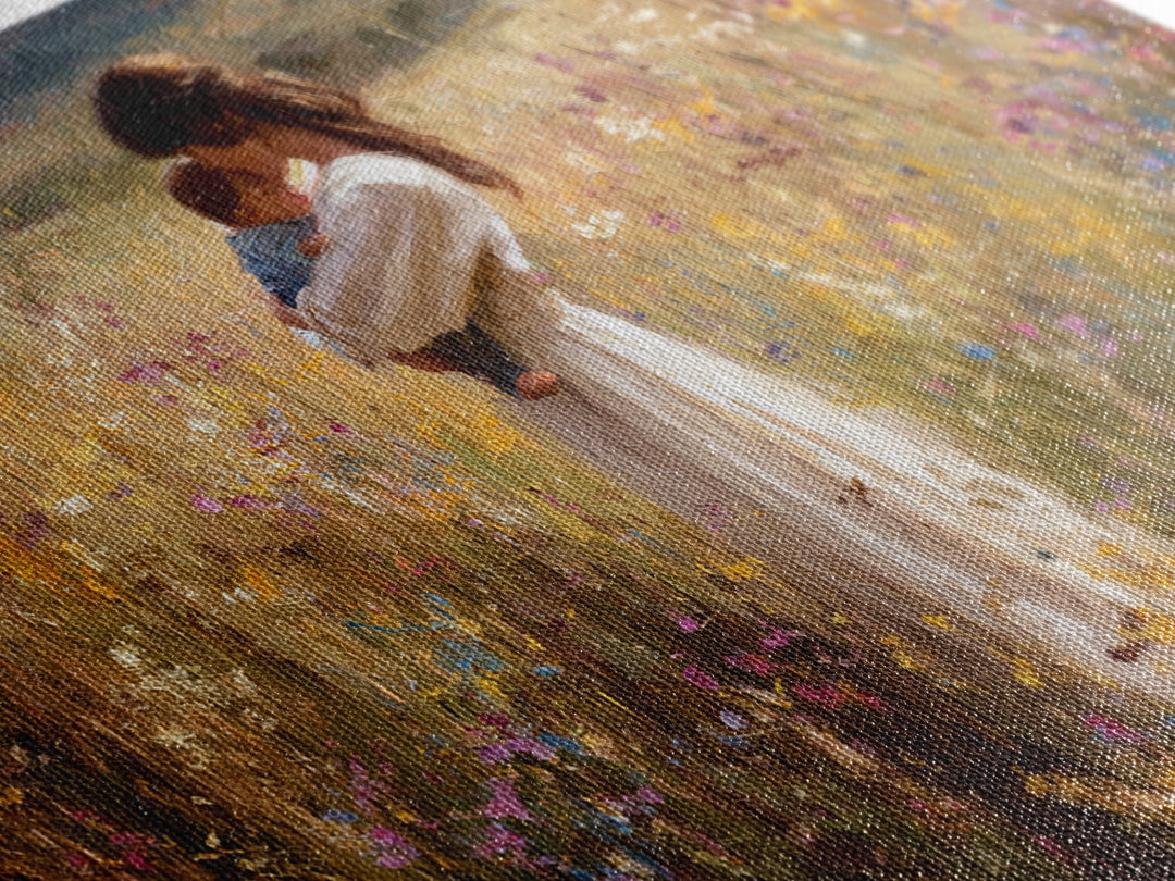 Mother Cradling Newborn In Sunlit Wildflowers Wall Art, Impressionist Oil Painting, Floral Nursery Decor, Gift For New Mom