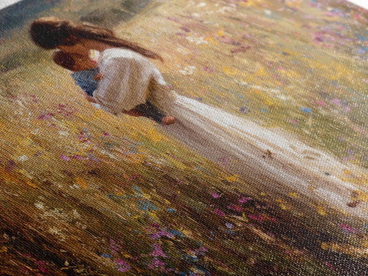 Mother Cradling Newborn In Sunlit Wildflowers Wall Art, Impressionist Oil Painting, Floral Nursery Decor, Gift For New Mom