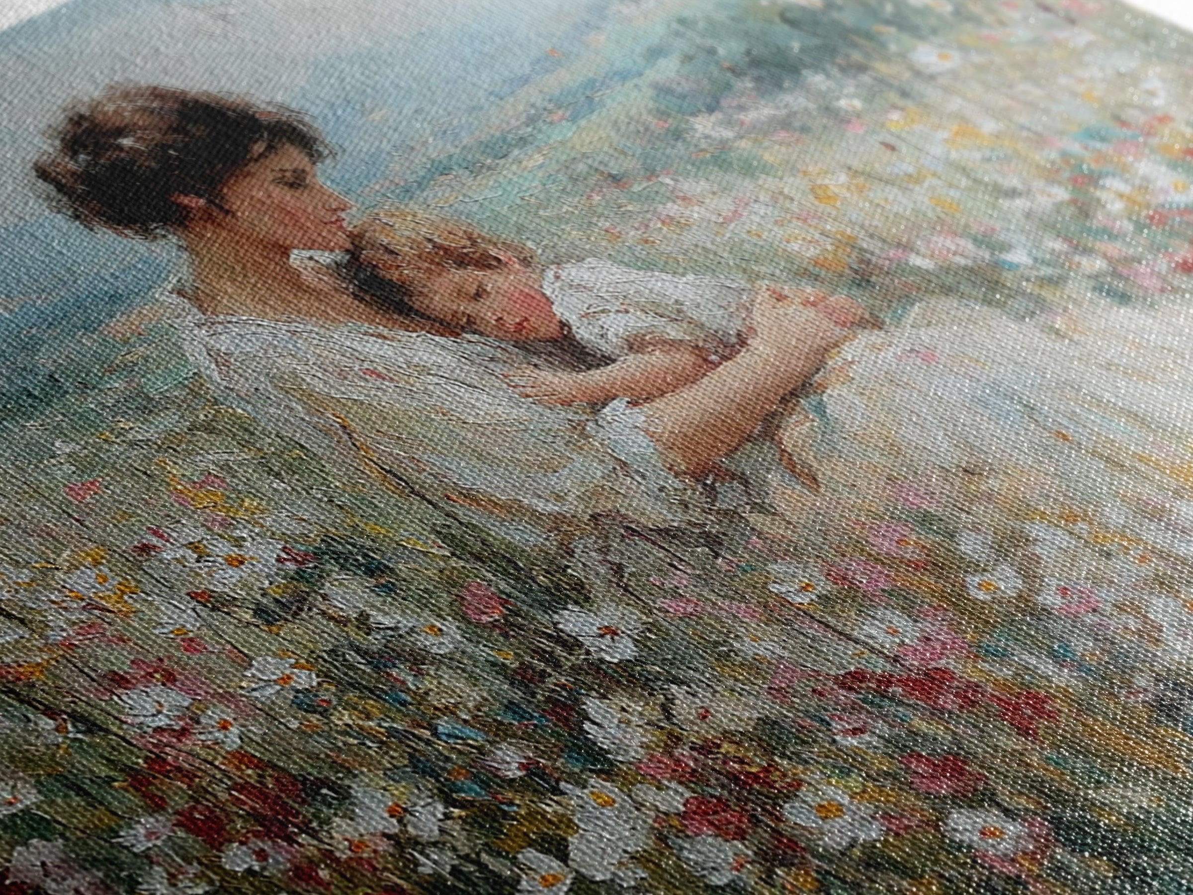 Seated Mother And Child Among Daisies Framed Canvas Print, Impressionist Wall Art, Floral Nursery Decor, Gift For New Mom