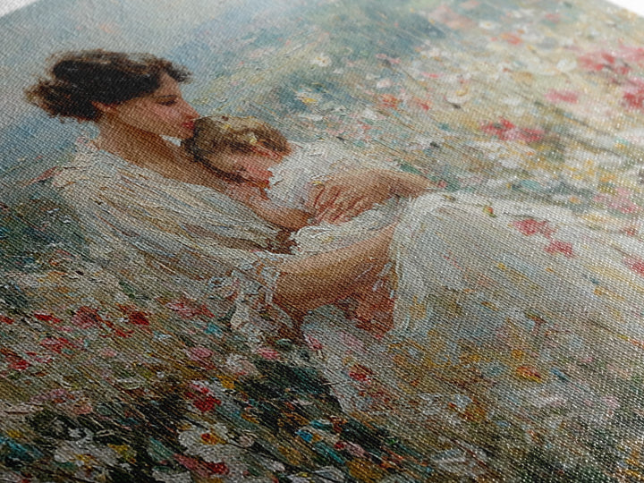 Mother Nursing Baby In Wildflower Meadow Wall Art, Impressionist Oil Painting, Christian Nursery Decor, Gift For New Mom