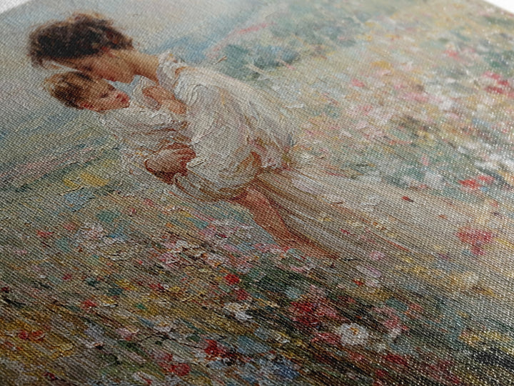 Mother Holding Baby In Mountain Wildflower Field Wall Art, Impressionist Canvas Print, Nursery Decor, Mothers Day Gift For Mom