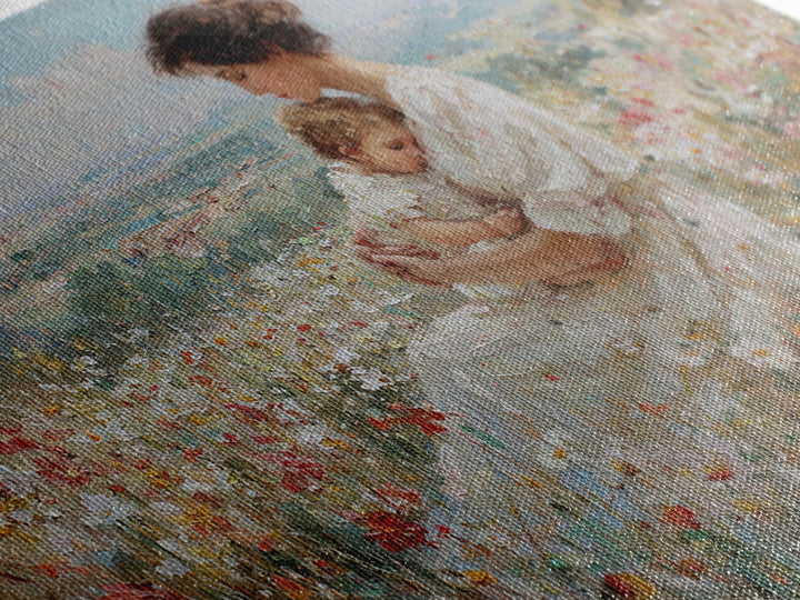 Seated Mother And Baby In Hilltop Wildflowers Canvas Print, Impressionist Landscape Art, Nursery Decor, Motherhood Gift For Her