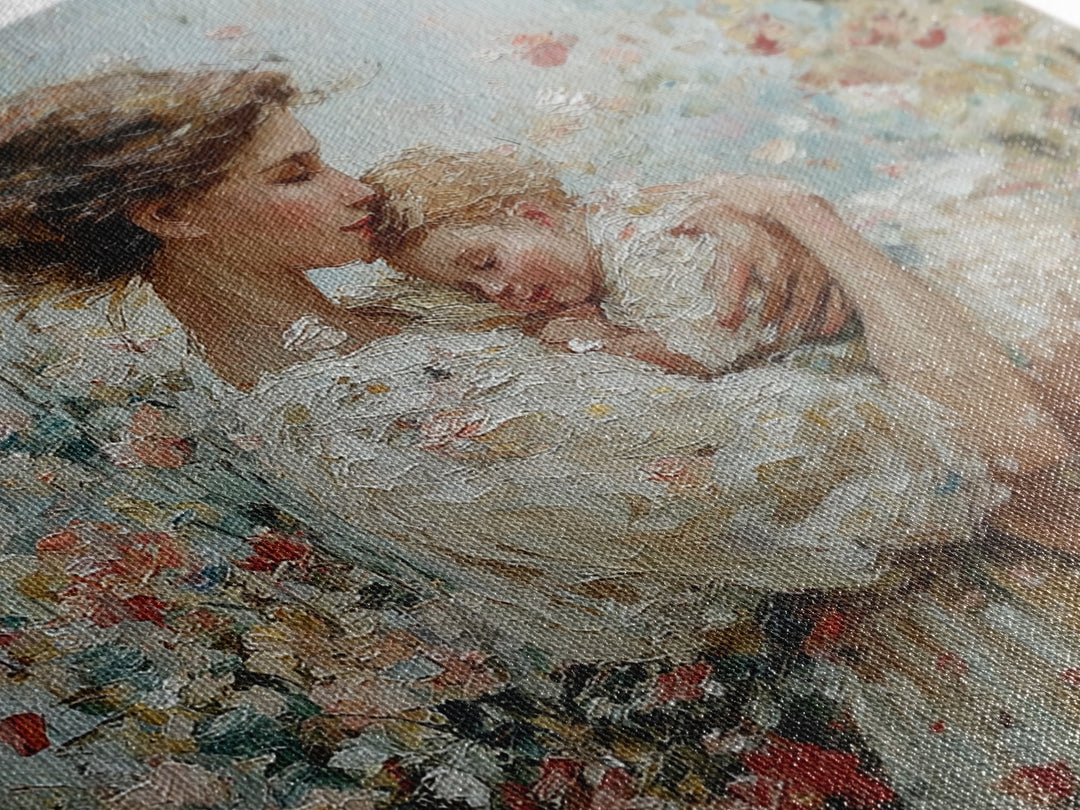 Tender Mother And Sleeping Baby In Floral Breeze Framed Canvas Print, Impressionist Wall Art, Nursery Decor, Gift For Mom