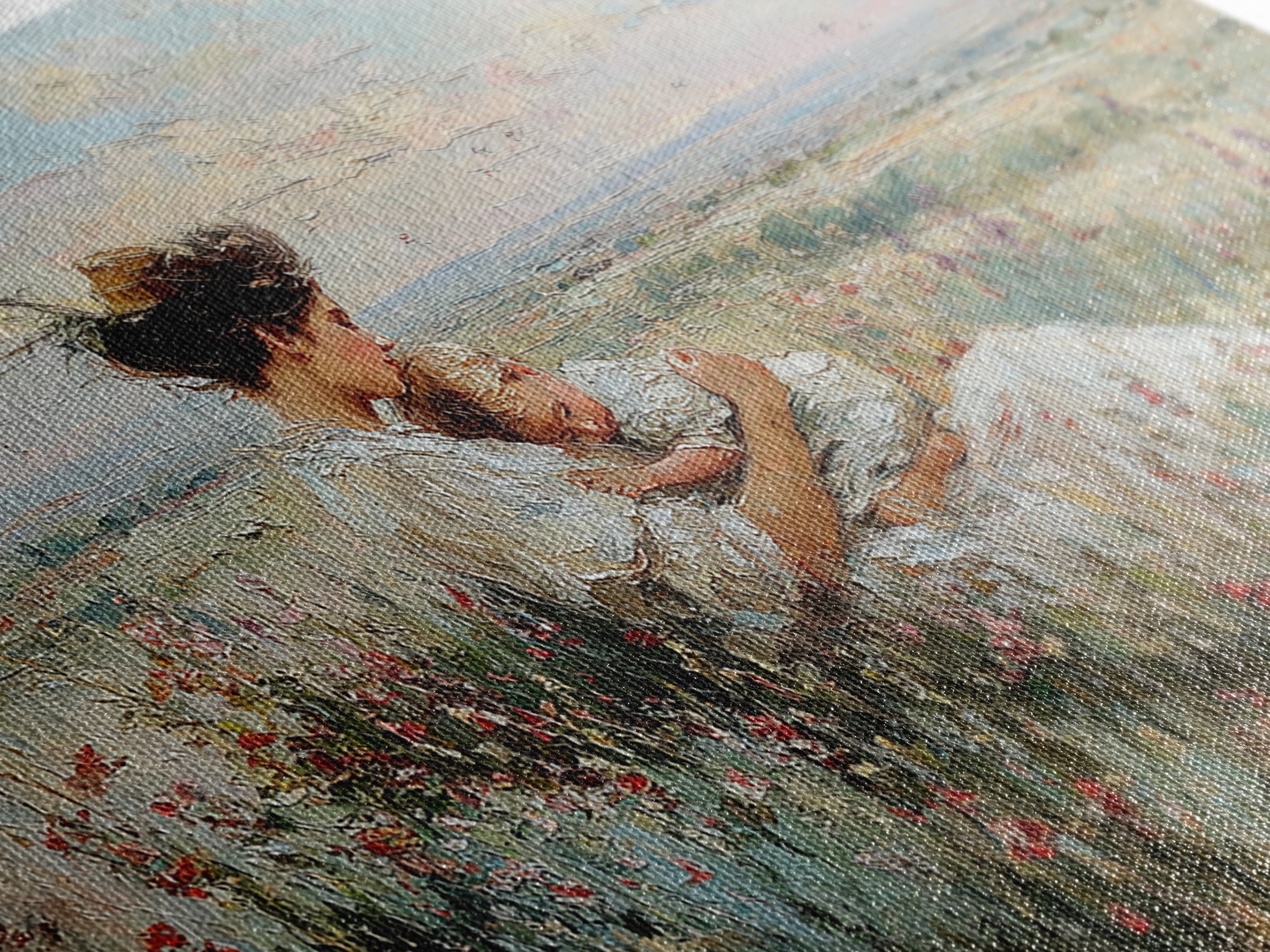 Mother Cradling Baby In Wildflower Meadow Wall Art, Impressionist Oil Painting Print, Nursery Wall Decor, Gift For Mom, Mothers Day Gift