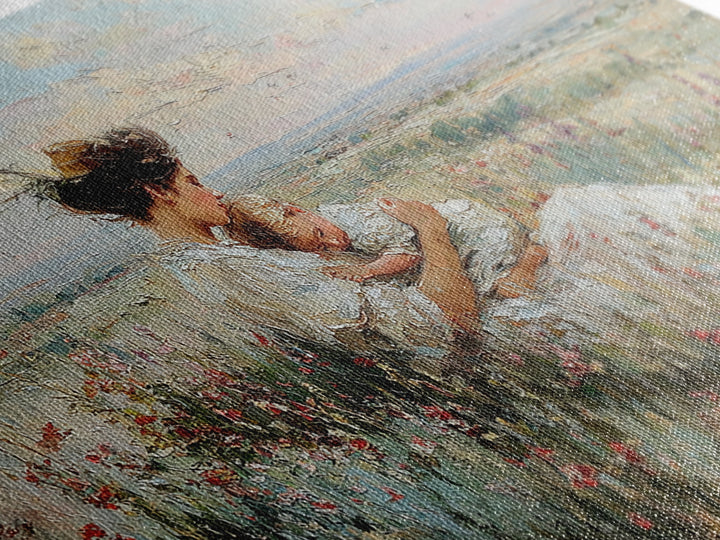 Mother Cradling Baby In Wildflower Meadow Wall Art, Impressionist Oil Painting Print, Nursery Wall Decor, Gift For Mom, Mothers Day Gift