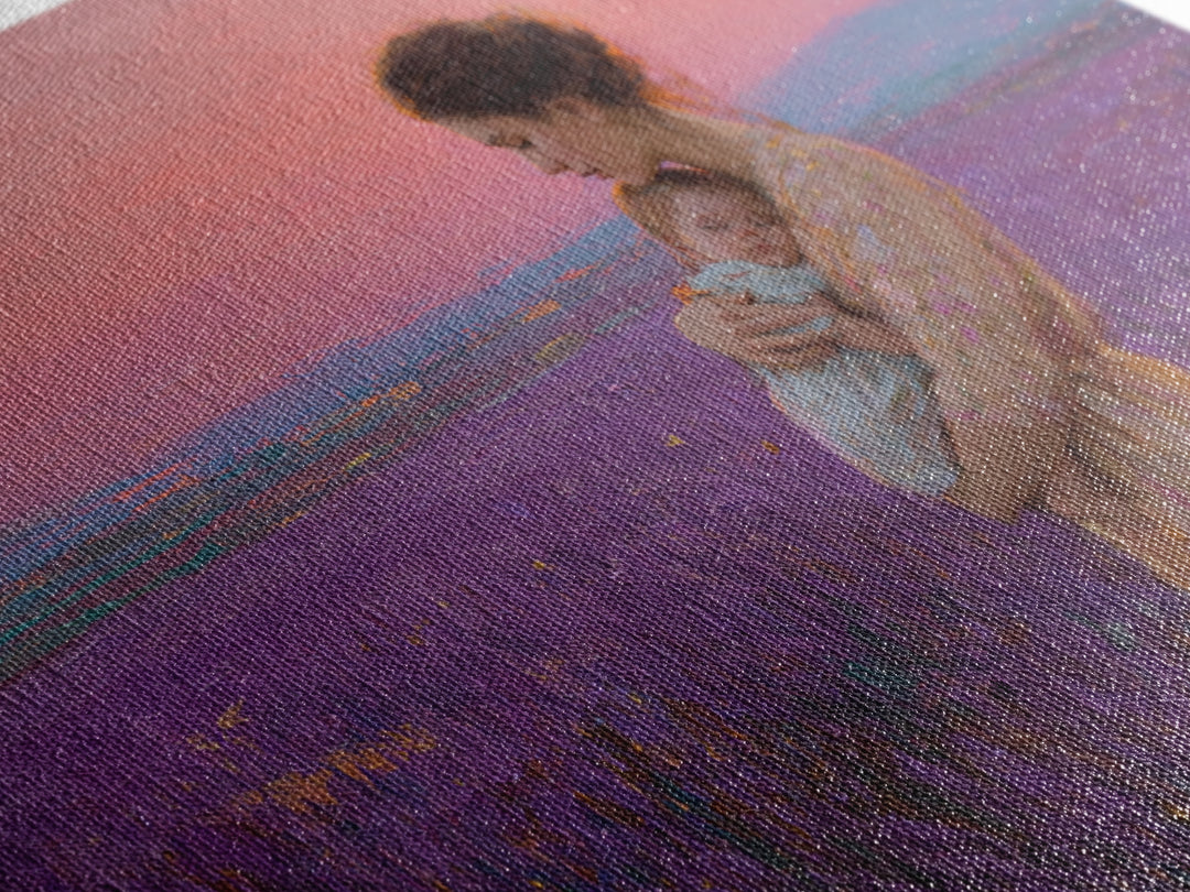 Mother And Baby In Pink Lavender Field Framed Canvas Print, Romantic Nursery Wall Art, Impressionist Landscape, Gift For Mom