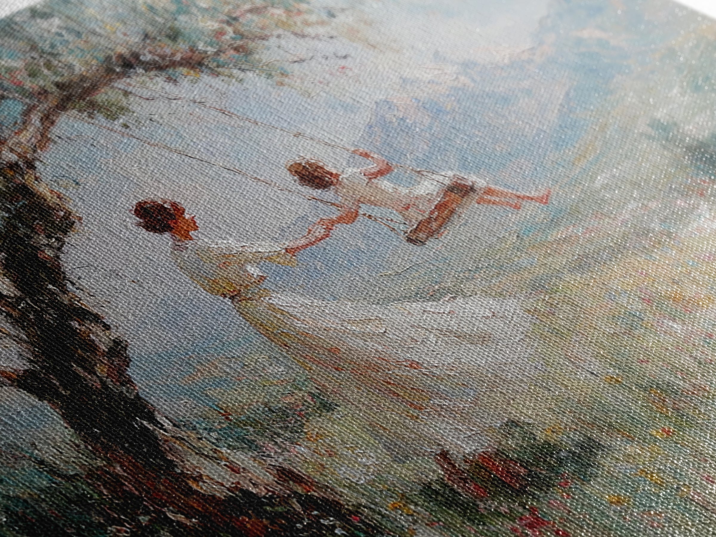 Mother Pushing Child On Meadow Swing Wall Art, Mountain Landscape Oil Painting Print, Whimsical Nursery Decor, Gift For Mom