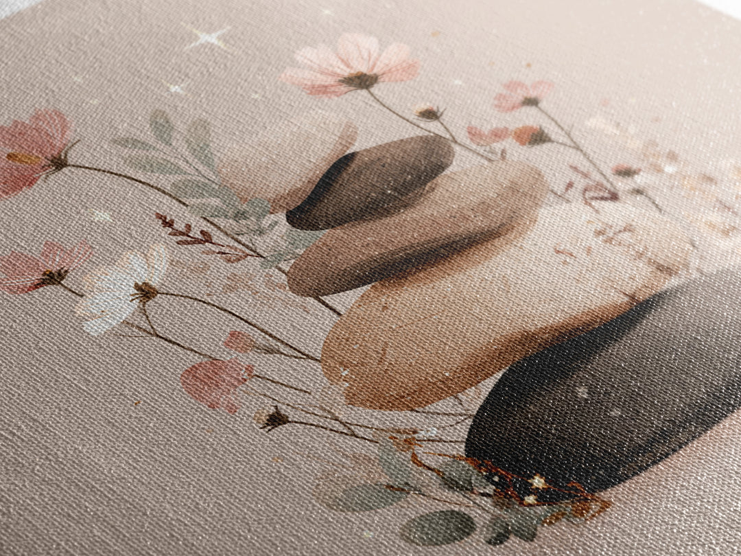 Stacked Zen Stones With Blush Flowers Wall Art, Neutral Spa Decor Canvas, Botanical Bathroom Print, Mindfulness Gift, Home Decor