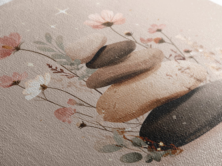 Stacked Zen Stones With Blush Flowers Wall Art, Neutral Spa Decor Canvas, Botanical Bathroom Print, Mindfulness Gift, Home Decor