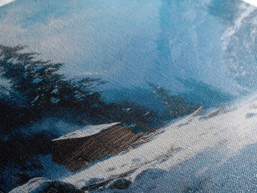 Cozy Winter Cabin In Snowy Mountain Valley Wall Art Print, Rustic Landscape Home Decor, Calming Nature Canvas Print