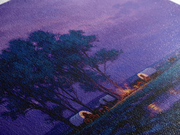 Purple Prairie Campfire Wagons Wall Art, Western Night Landscape Painting, Cozy Cabin Country Decor, Canvas Print