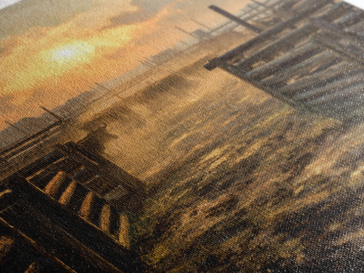 Rustic Cattle Pens Sunrise Oil Painting Wall Art, Western Farmhouse Landscape Print For Country Kitchen Or Living Room Decor