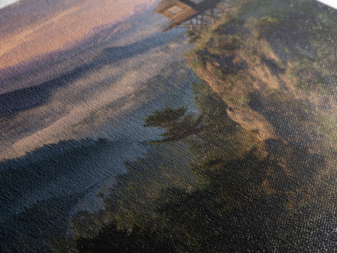 Mountain Fire Lookout Tower Sunrise Landscape Wall Art Misty Forest Painting Modern Home Decor Living Room Canvas Print