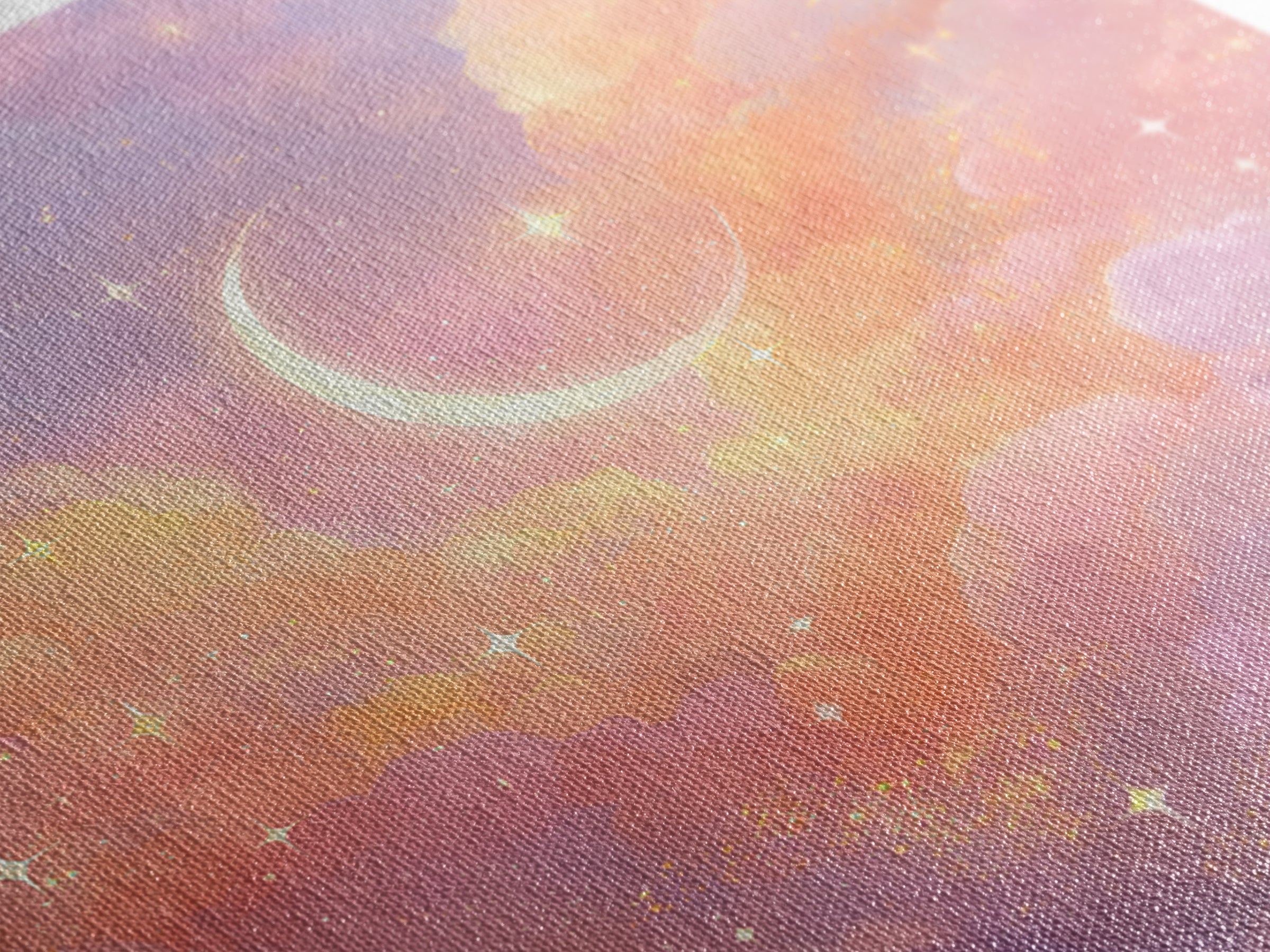 Glowing Crescent Moon Clouds Wall Art, Pastel Celestial Nursery Decor, Pink Bedroom Art, Dreamy Space Print, Girls Room Decor