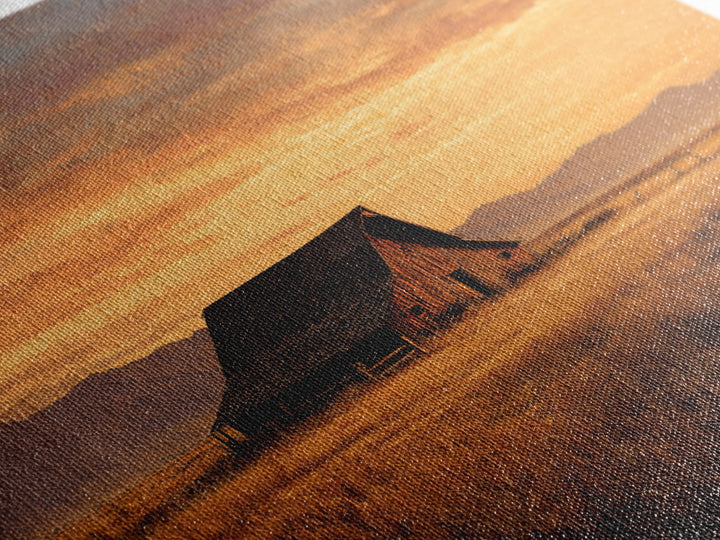 Rustic Barn At Sunset Landscape Wall Art, Country Farmhouse Painting, Warm Autumn Field Scene Large Framed Canvas Print
