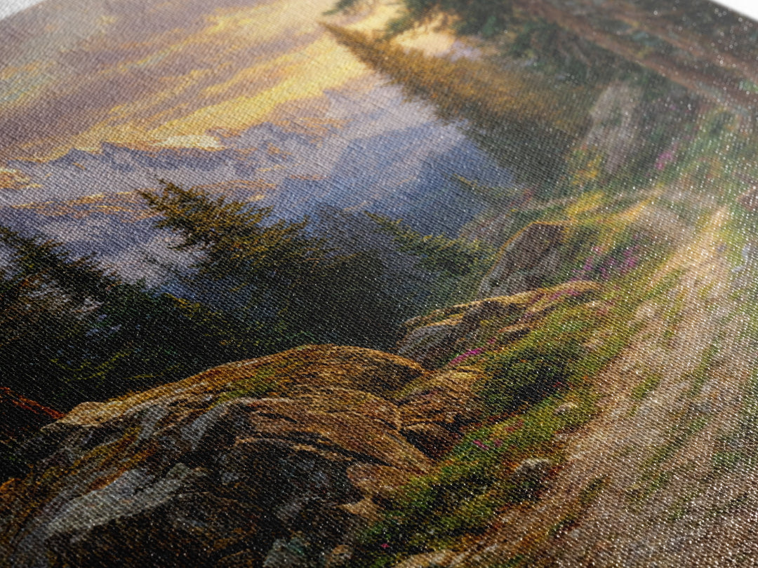 Mountain Forest Path At Sunset Wall Art, Tranquil Landscape Canvas Print For Rustic Cabin Or Living Room Home Decor