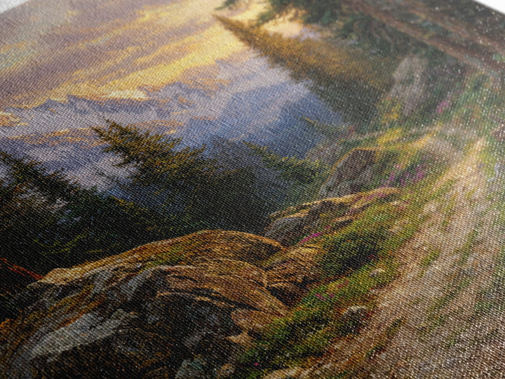 Mountain Forest Path At Sunset Wall Art, Tranquil Landscape Canvas Print For Rustic Cabin Or Living Room Home Decor