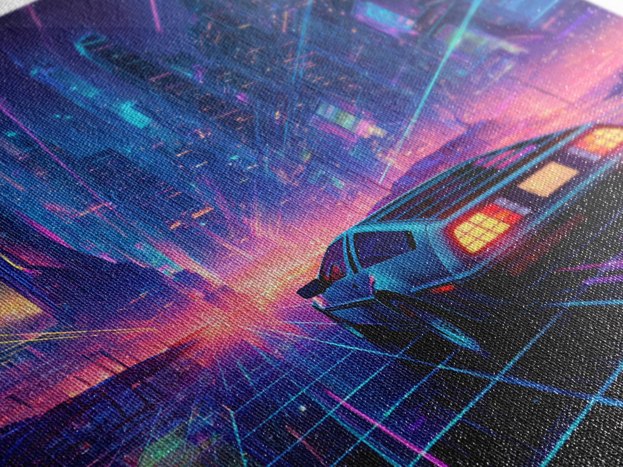 Retro Futuristic Car In Neon Cityscape Wall Art, Cyberpunk Sci Fi Canvas Print, Gaming Room Decor Modern Art