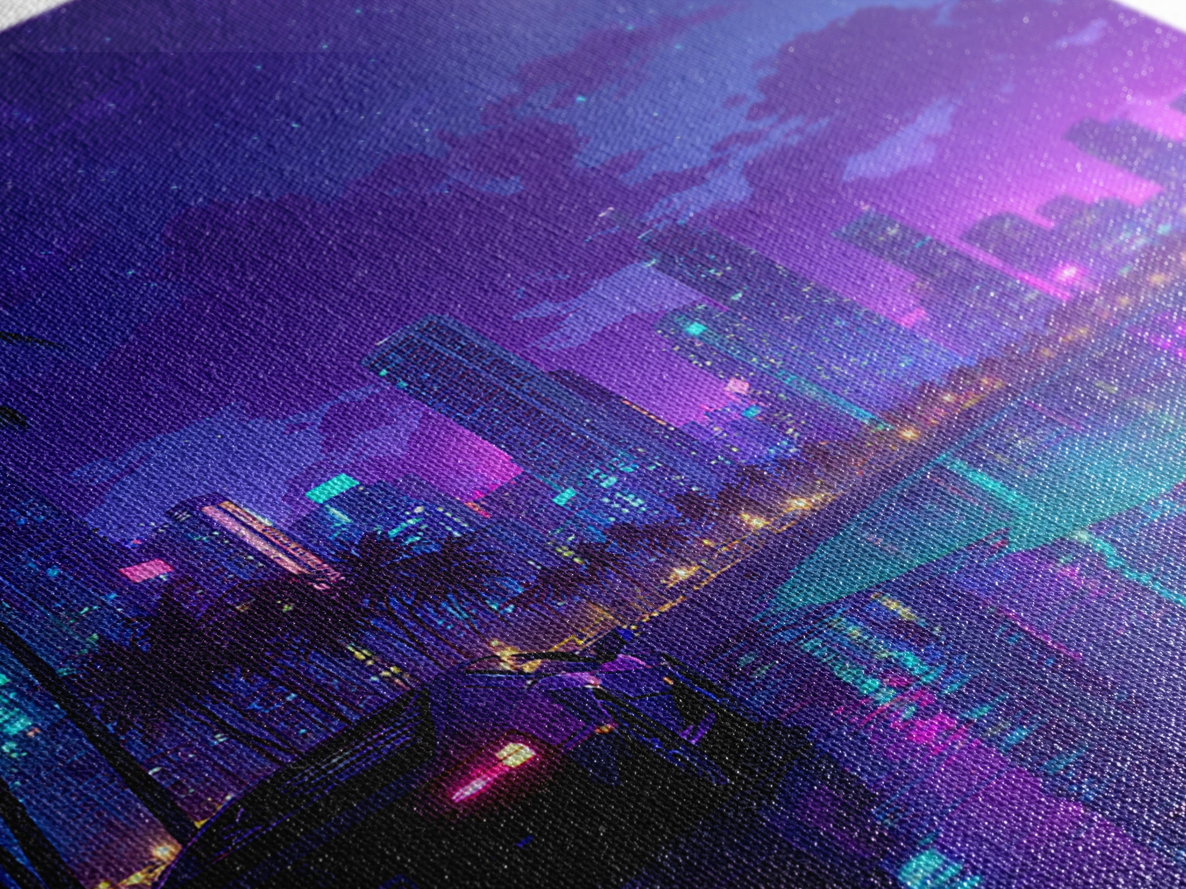 Neon Miami Night Cityscape Wall Art, Retro Futuristic Car On Beach, Cyberpunk Ocean Art, Gaming Room Decor Canvas Print