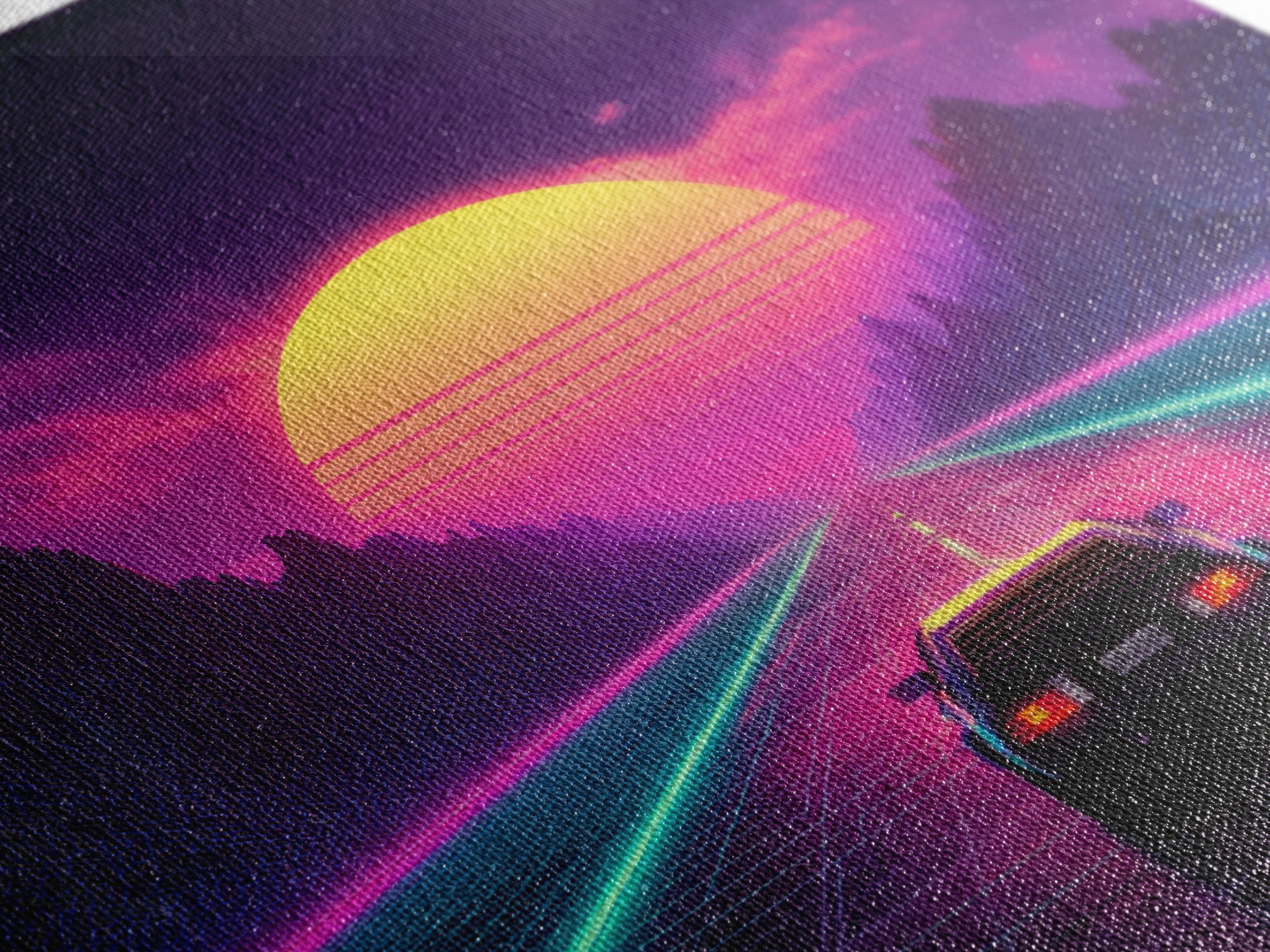 Retro Synthwave Sunset Highway Wall Art, Neon Car Landscape Canvas Print, Cyberpunk Futuristic Decor, Gaming Room Wall Art