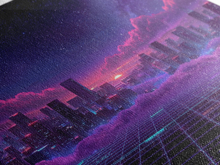Neon Retro Futuristic Cityscape Wall Art, Vaporwave Sunset Skyline Canvas Print, Cyberpunk Room Decor, Gaming Office Artwork