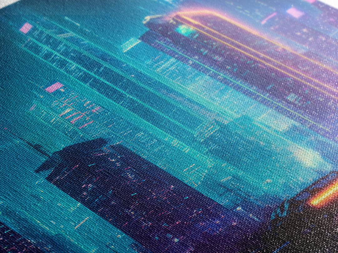 Cyberpunk Neon Cityscape At Night Wall Art, Futuristic Skyline Canvas Print, Retro Wave Room Decor, Gaming Home Decor