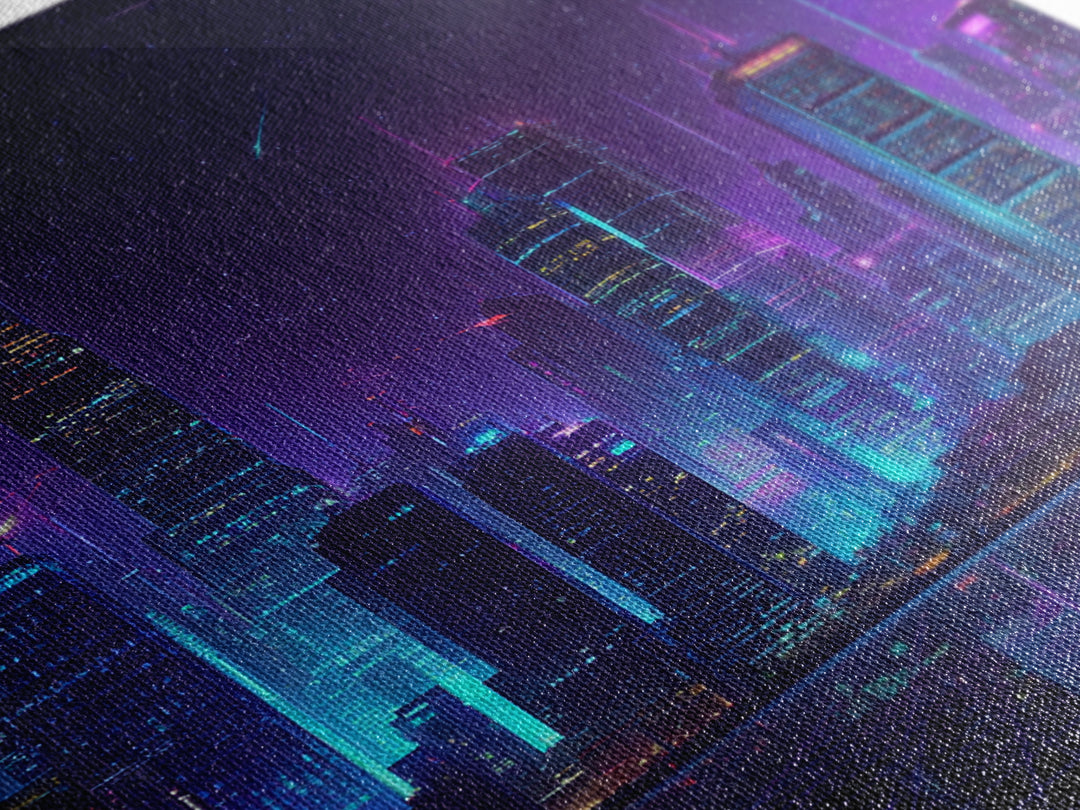 Neon Cyberpunk City Skyline Wall Art, Futuristic Nightscape Canvas Print, Sci Fi Gaming Room Decor, Vaporwave Wall Art