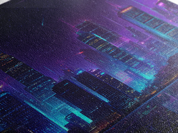 Neon Cyberpunk City Skyline Wall Art, Futuristic Nightscape Canvas Print, Sci Fi Gaming Room Decor, Vaporwave Wall Art