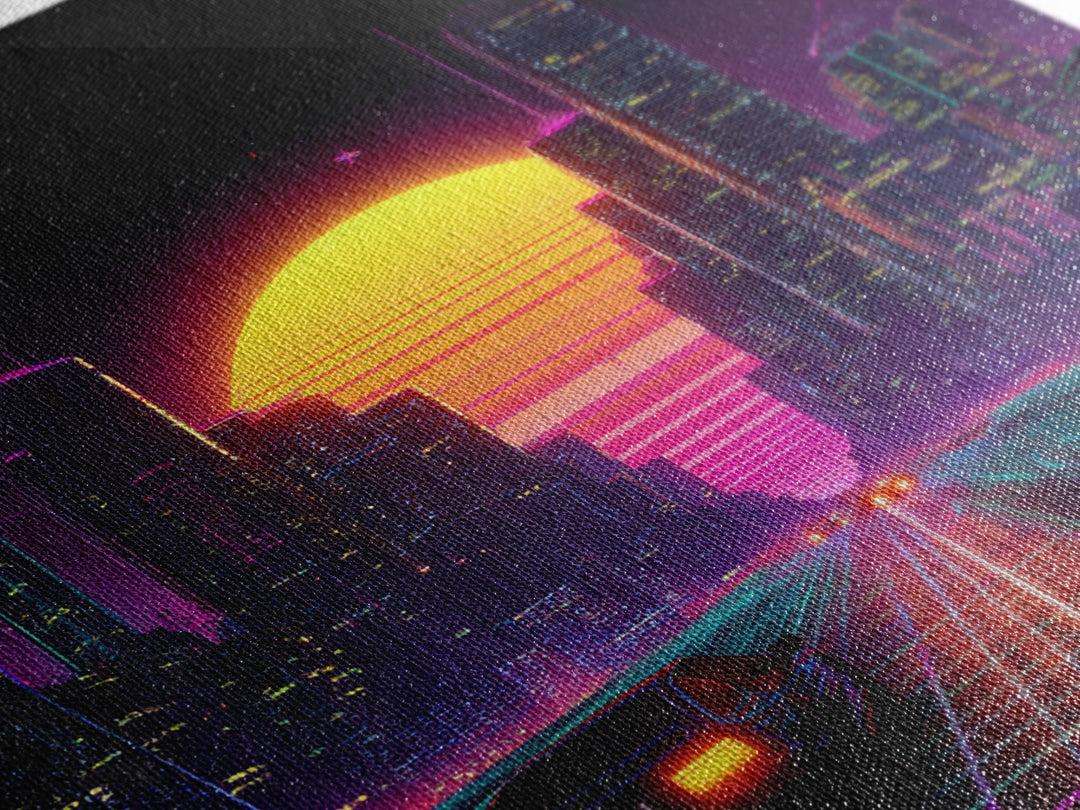 Retro Futuristic City Neon Sunset Car Driving 80s Vaporwave Wall Art Canvas Print Cyberpunk Decor Gaming Room Wall Art
