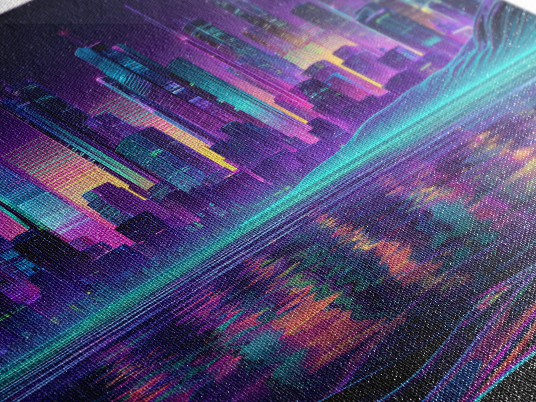 Neon Futuristic City Skyline At Night Wall Art Cyberpunk Landscape Canvas Print Modern Urban Home Decor Gaming Room Artwork