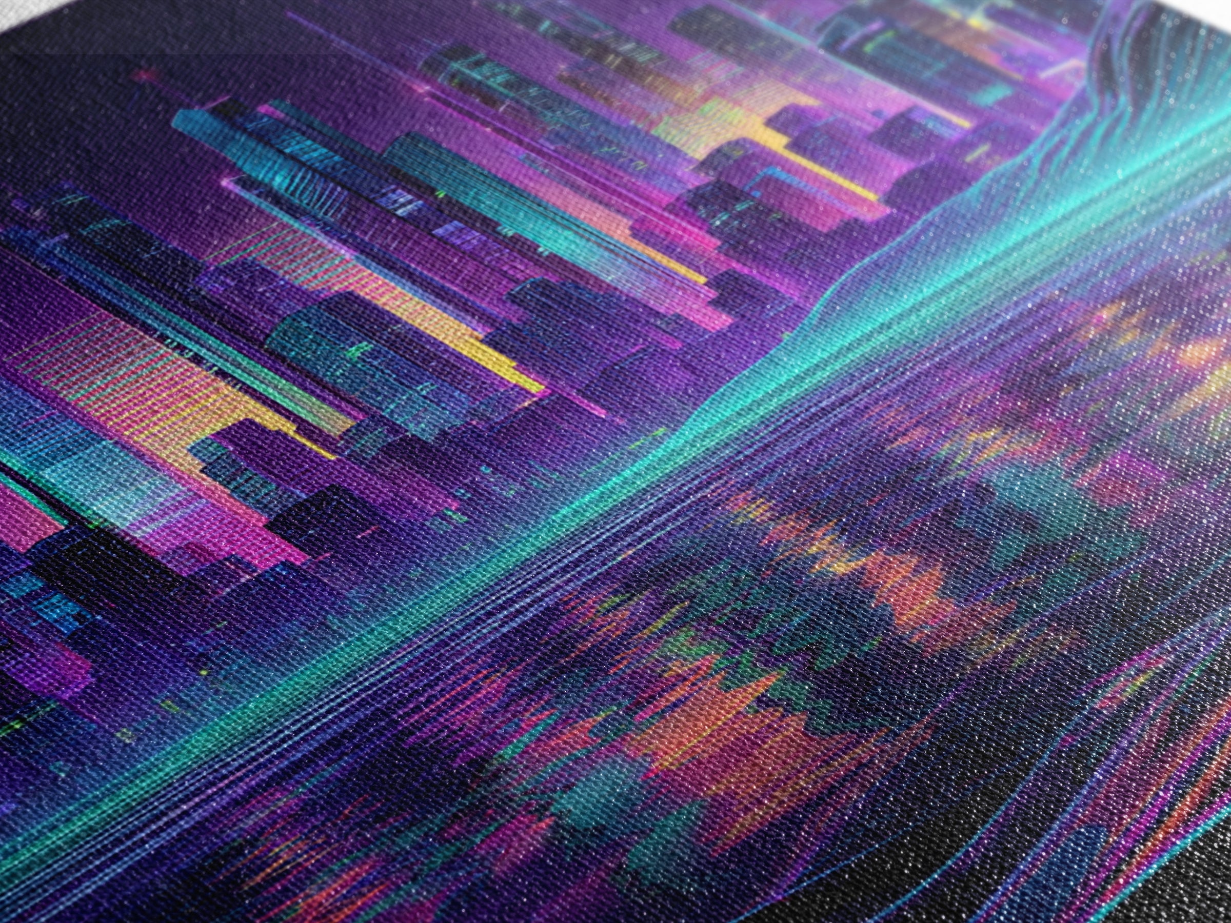 Neon Futuristic City Skyline At Night Wall Art Cyberpunk Landscape Canvas Print Modern Urban Home Decor Gaming Room Artwork