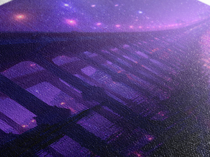 Neon Bridge At Night Over Water Wall Art, Dreamy Purple Cityscape Print, Modern Coastal Home Decor Canvas Print