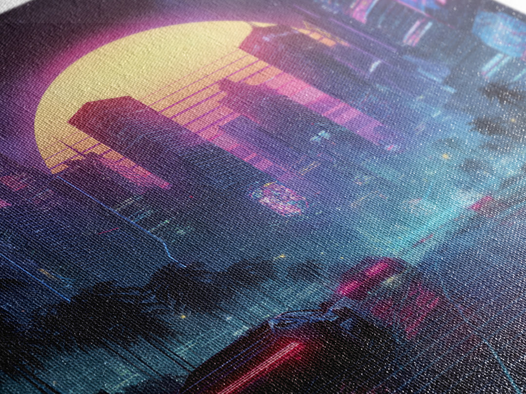 Neon Cyberpunk Cityscape With Retro Cars Wall Art Canvas Print, Futuristic Sci Fi Gaming Room Decor Modern Urban Art