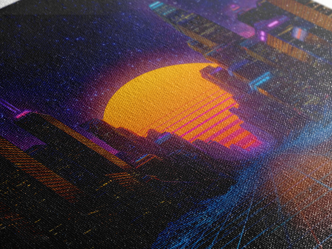 Neon City Sunset Retro Futuristic Wall Art, Cyberpunk Skyline Print, Synthwave Gaming Room Decor, Vibrant Sci Fi Living Room Wall Art