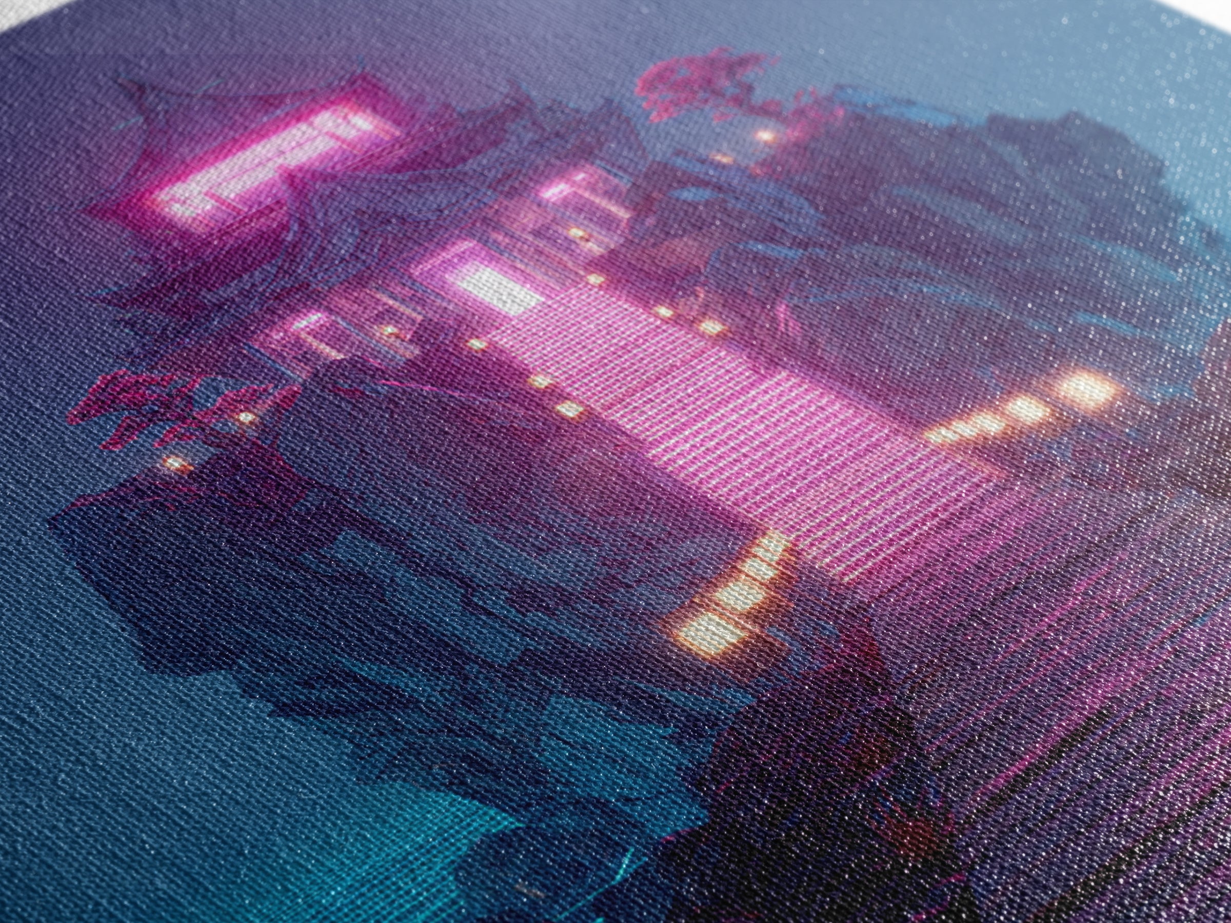 Neon Temple On Ocean Cliff Wall Art, Futuristic Fantasy Landscape Print, Surreal Zen Decor, Modern Home Decor Canvas Print